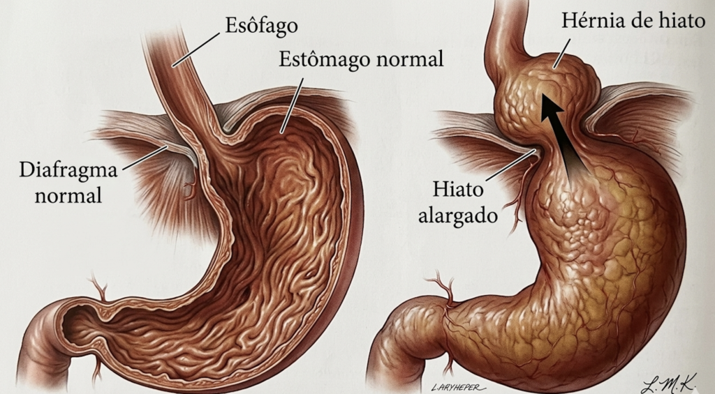 Comparação de anatomia normal com hérnia de hiato.