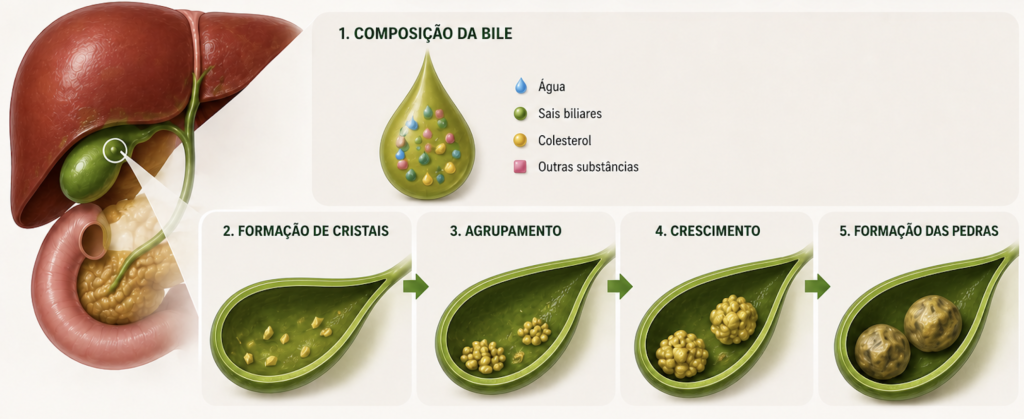 Composição da bile e formação de pedras na vesícula (cálculos biliares).