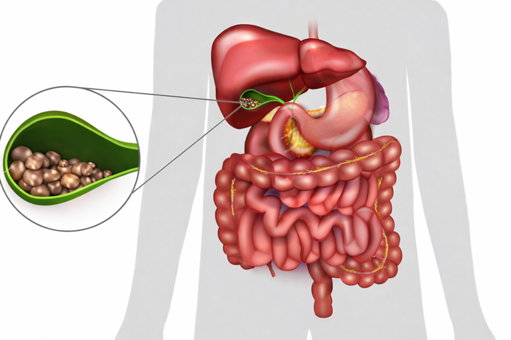 Imagem que mostra pedras na vesícula e sua localização abaixo do fígado